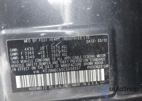 2012 Subaru Legacy 2.5I Premium z USA, uszkodzony, nr VIN 4S3BMBC65C3034057